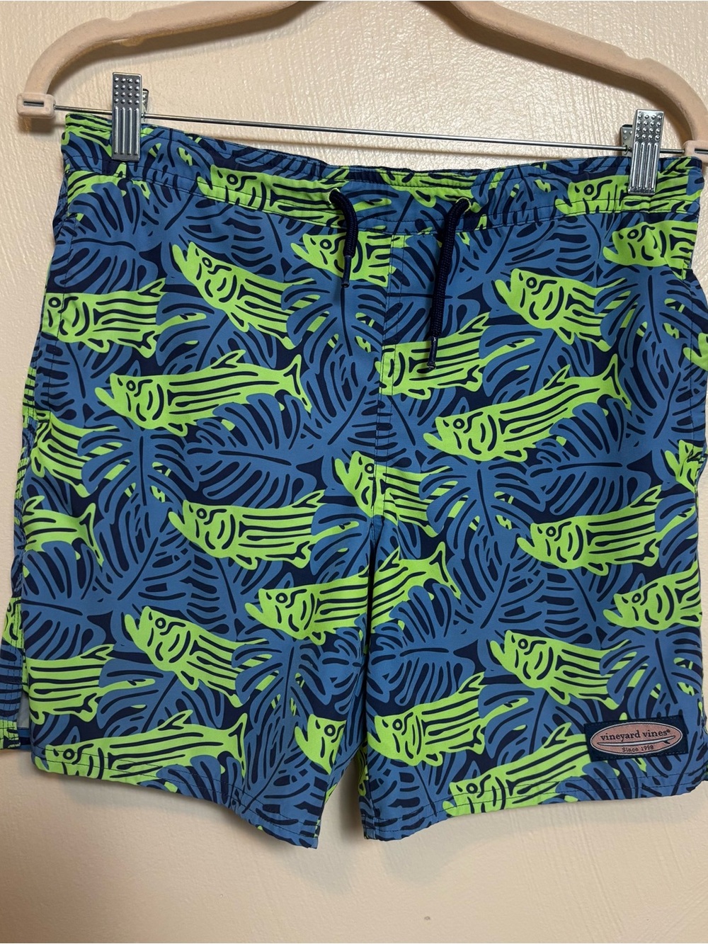 Vineyard Vines Men's Swim Trunks Fish Mesh Liner Blue Lime Green Beach Small